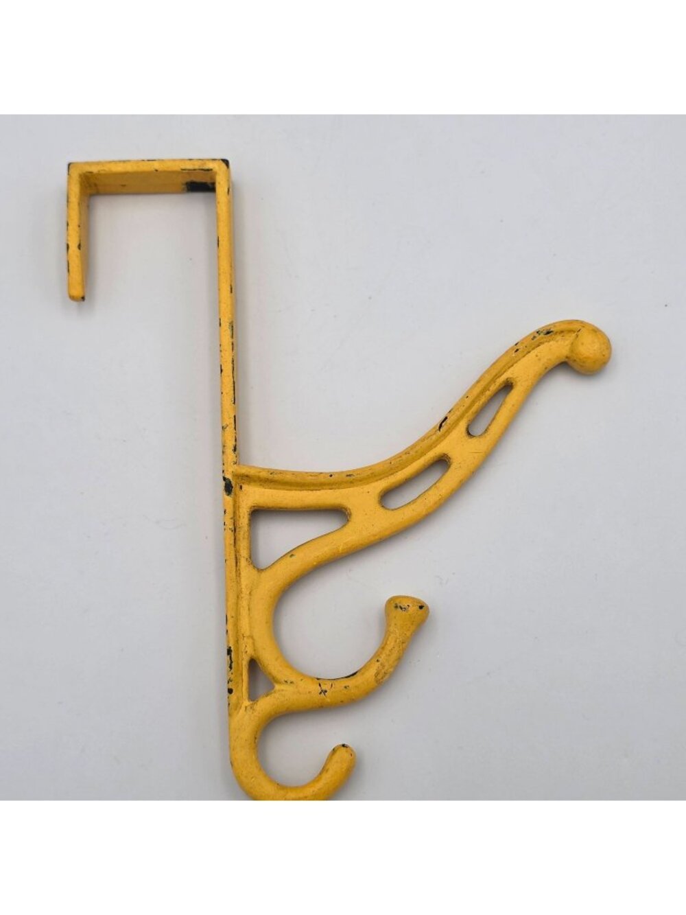 Vintage Yellow Cast Iron Wall Hook Bracket Ornate Design & Dual Hooks